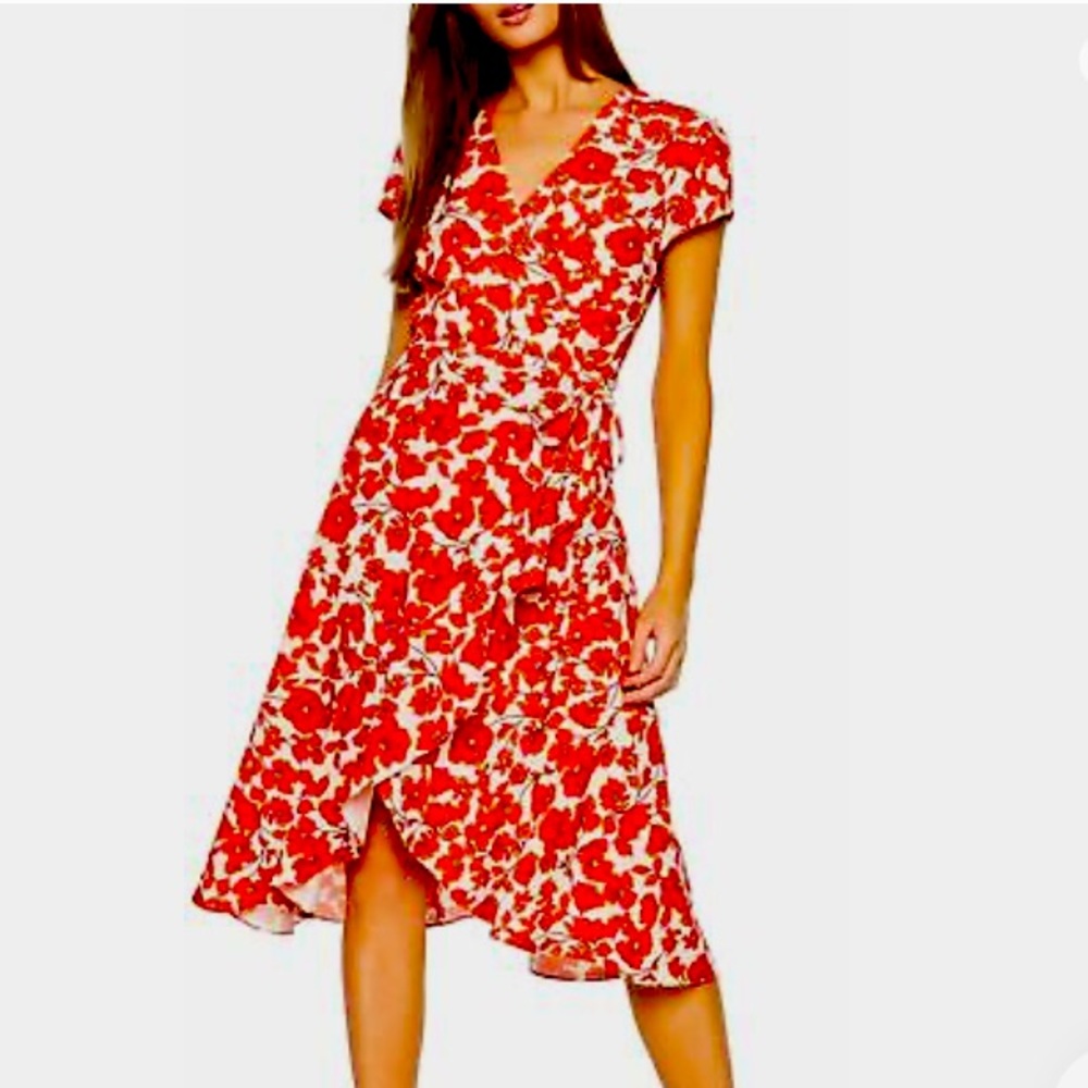 Bardot NWOT Fiesta Faux Wrap V-Neck Floral Short Sleeve Red & White Dress Size 8
